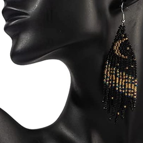 Night Sky Black Gold Crescent Moon and Stars Seed Beaded Earrings Long Celestial - Picture 5 of 7